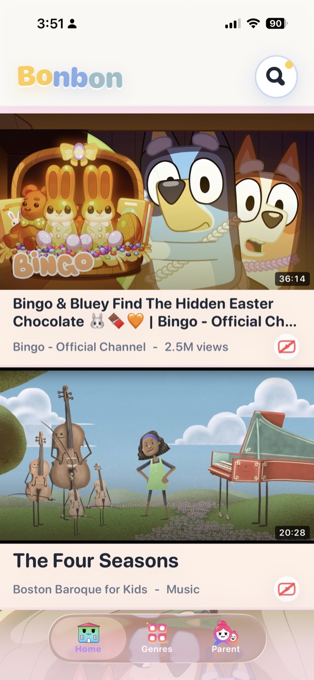 Bonbon home feed with curated kids' videos